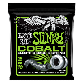 A package of Ernie Ball Cobalt Slinky electric bass strings with eagle artwork on a black background
