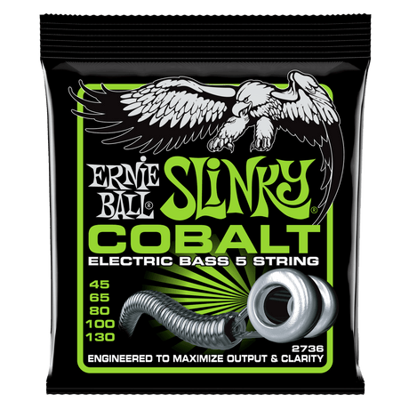 A package of Ernie Ball Cobalt Slinky electric bass strings with eagle artwork on a black background