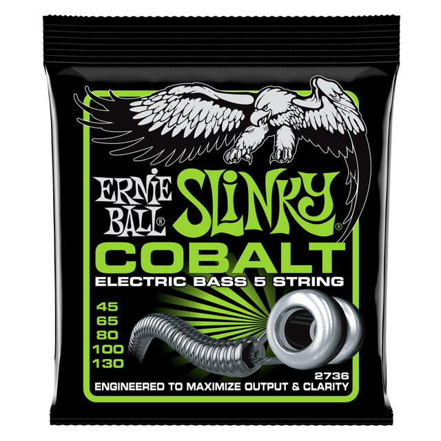 A package of Ernie Ball Cobalt Slinky electric bass strings with eagle artwork on a black background