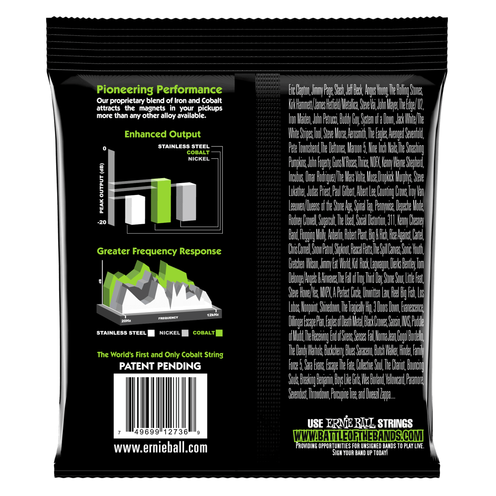 The backside of a package of Ernie Ball bass strings with product details on a black background