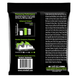 The backside of a package of Ernie Ball bass strings with product details on a black background