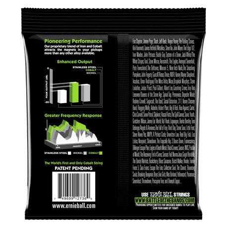 The backside of a package of Ernie Ball bass strings with product details on a black background