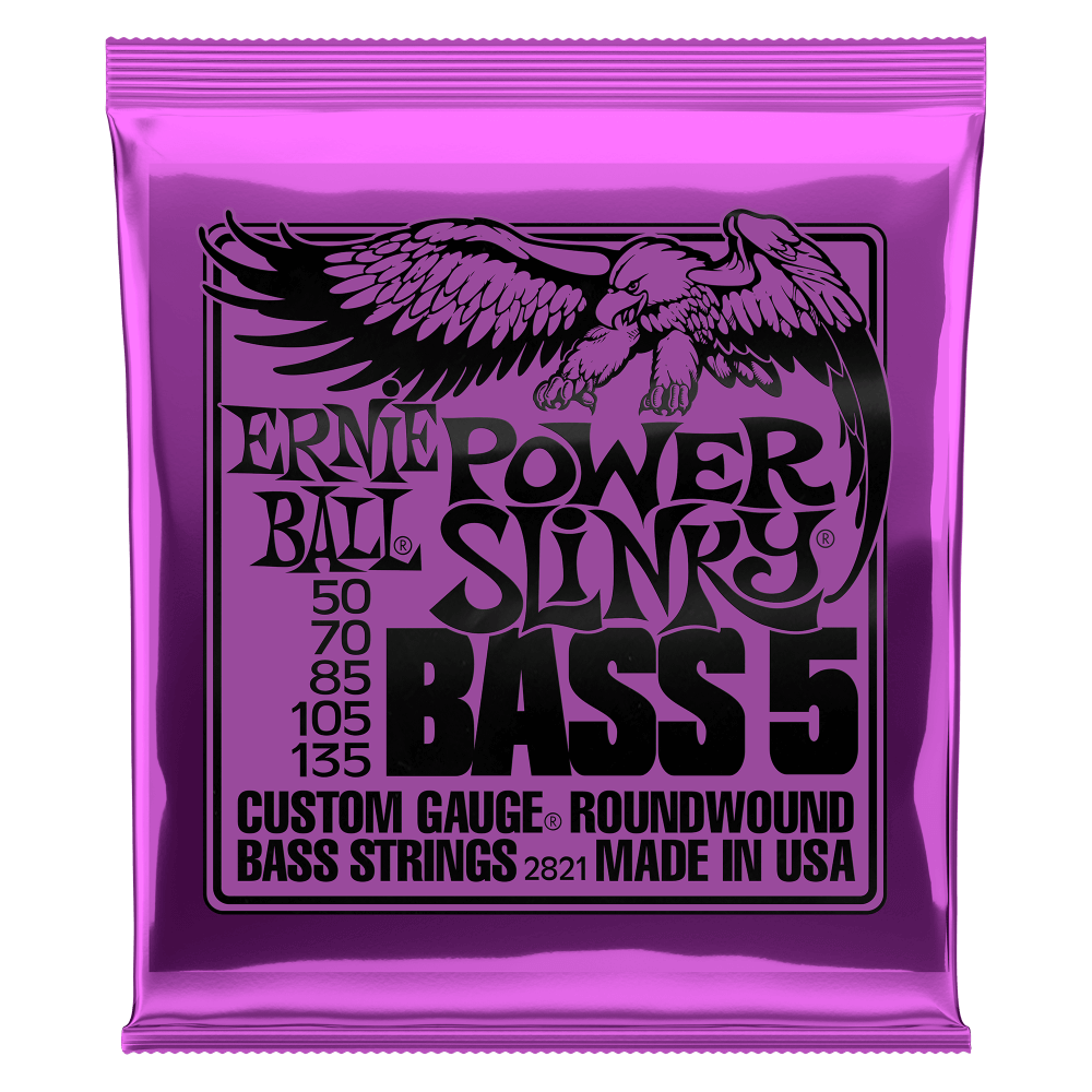 Ernie Ball Power Slinky Bass 5 packaging with an eagle illustration on a purple background