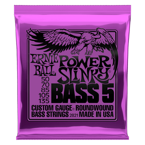 Ernie Ball Power Slinky Bass 5 packaging with an eagle illustration on a purple background