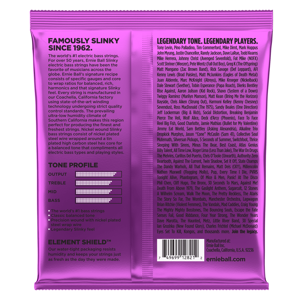 Purple packaging of Ernie Ball electric guitar strings with text and branding.