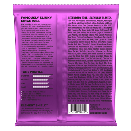 Purple packaging of Ernie Ball electric guitar strings with text and branding.