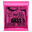 Pink packaging of Ernie Ball Super Slinky Bass 5 strings with an eagle illustration.