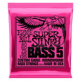Pink packaging of Ernie Ball Super Slinky Bass 5 strings with an eagle illustration.