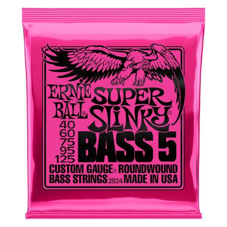 Pink packaging of Ernie Ball Super Slinky Bass 5 strings with an eagle illustration.