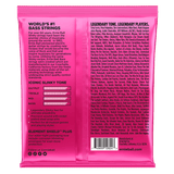 Backside of a pink pack of Ernie Ball bass strings with product details