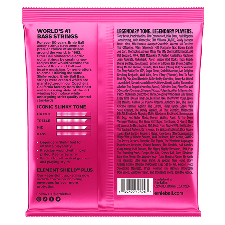 Backside of a pink pack of Ernie Ball bass strings with product details