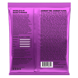 The backside of a purple pack of Ernie Ball bass strings with product details