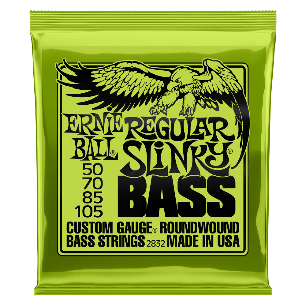 A green package of Ernie Ball Slinky bass strings with black text and eagle artwork