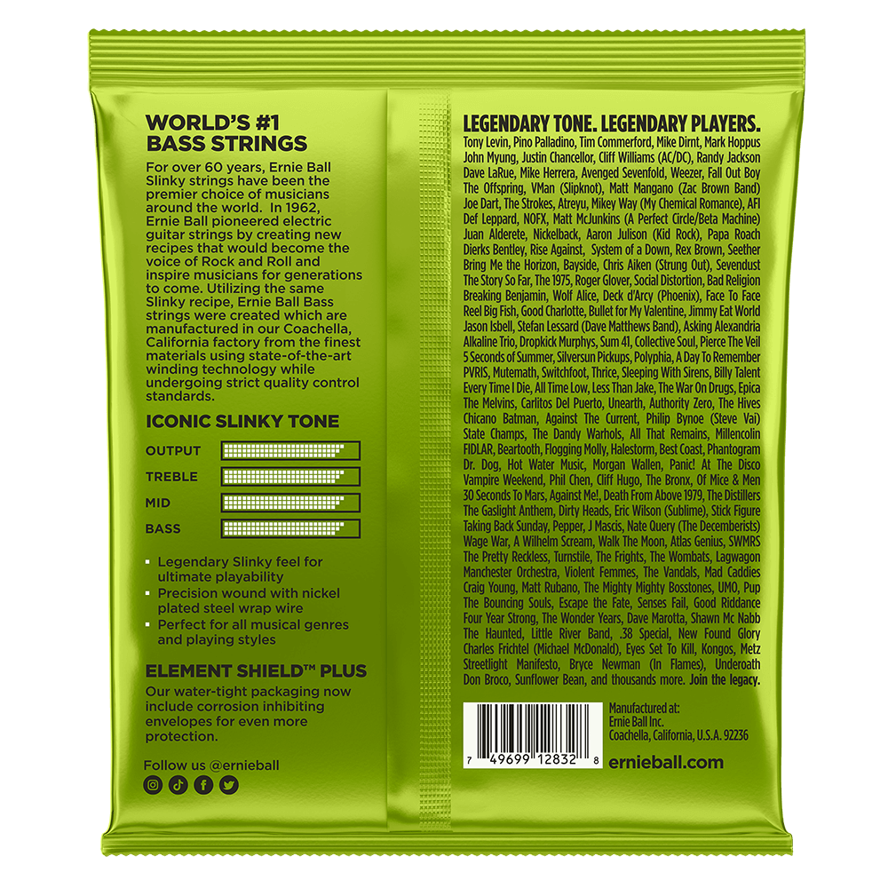 The backside of a green package of Ernie Ball bass strings with product details in black text
