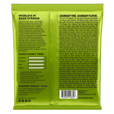 The backside of a green package of Ernie Ball bass strings with product details in black text