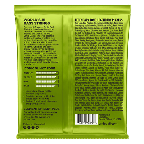 The backside of a green package of Ernie Ball bass strings with product details in black text