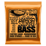 A orange package of Ernie Ball Hybrid Slinky bass strings with black lettering and eagle artwork