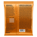 The backside of a orange package of Ernie Ball bass strings with product details in black lettering