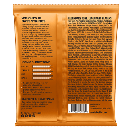 The backside of a orange package of Ernie Ball bass strings with product details in black lettering