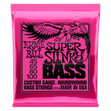 A pink package of Ernie Ball Super Slinky bass strings with black lettering and eagle artwork
