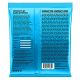 The backside of a blue package of Ernie Ball bass strings with product details in black lettering