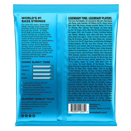 The backside of a blue package of Ernie Ball bass strings with product details in black lettering