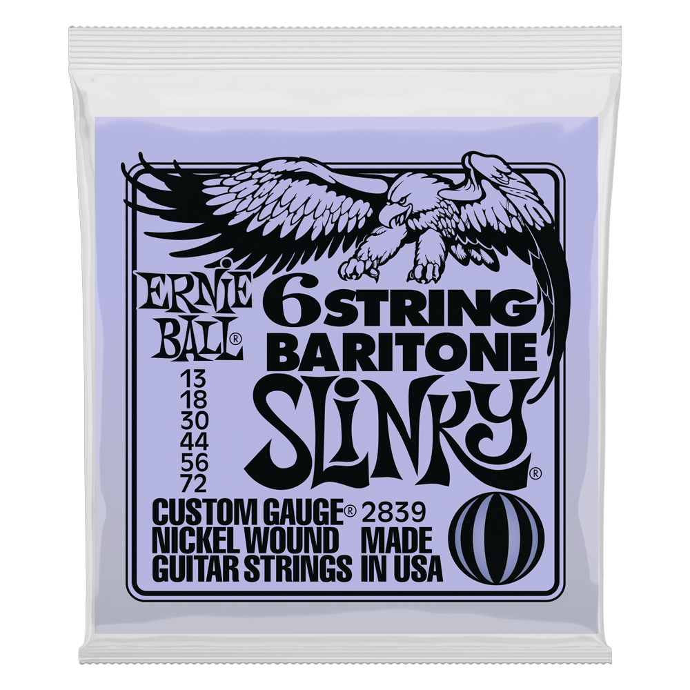 A light blue package of Ernie Ball Baritone Slinky guitar strings with eagle artwork