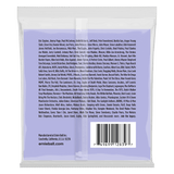 The backside of a light blue package of Ernie Ball guitar strings with brand details on black lettering