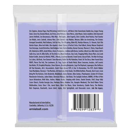 The backside of a light blue package of Ernie Ball guitar strings with brand details on black lettering