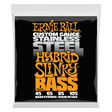 A package of Ernie Ball stainless steel bass strings on a white background