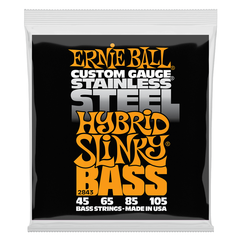 A package of Ernie Ball stainless steel bass strings on a white background