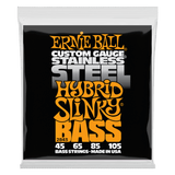 A package of Ernie Ball stainless steel bass strings on a white background