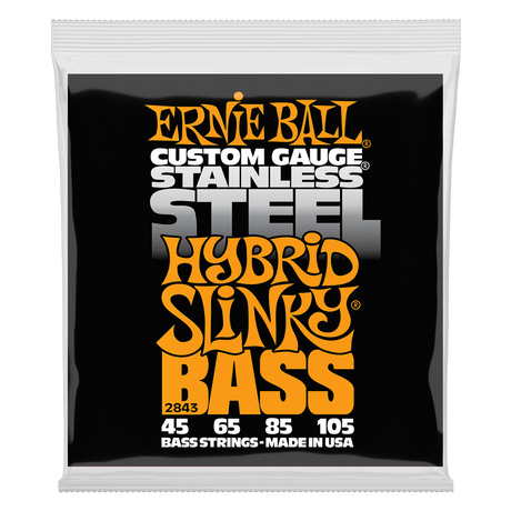 A package of Ernie Ball stainless steel bass strings on a white background