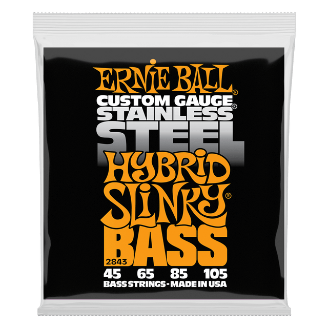 A package of Ernie Ball stainless steel bass strings on a white background