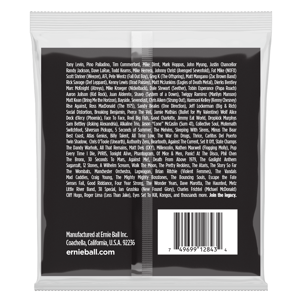The backside of Ernie Ball bass strings with brand detail on a white background