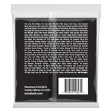 The backside of Ernie Ball bass strings with brand detail on a white background