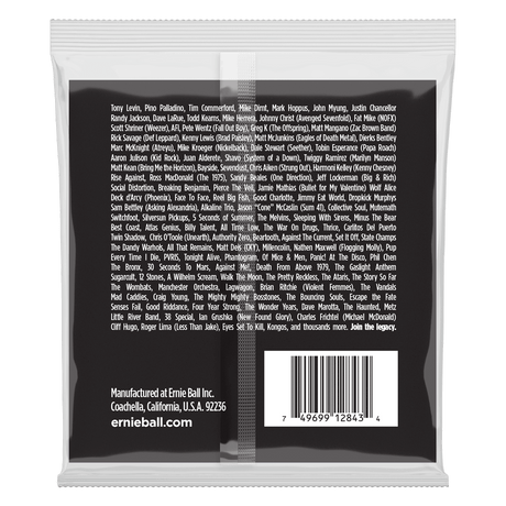 The backside of Ernie Ball bass strings with brand detail on a white background