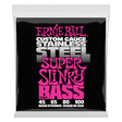 A package of Ernie Ball Stainless Steel Super Slinky bass strings on a white background