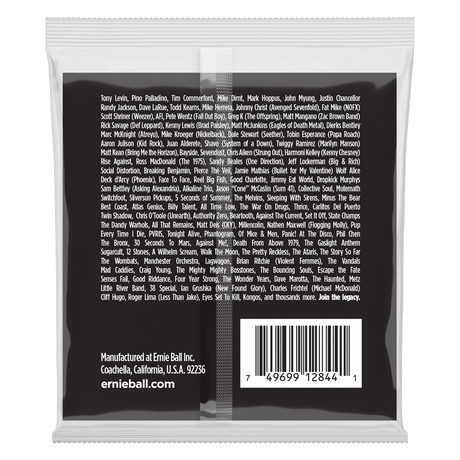 The backside of packaging for Ernie Ball bass strings with brand details on a white background