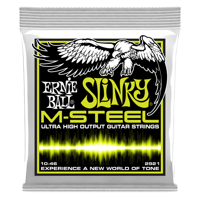 Ernie Ball Slinky M-Steel guitar strings packaging with an eagle illustration.