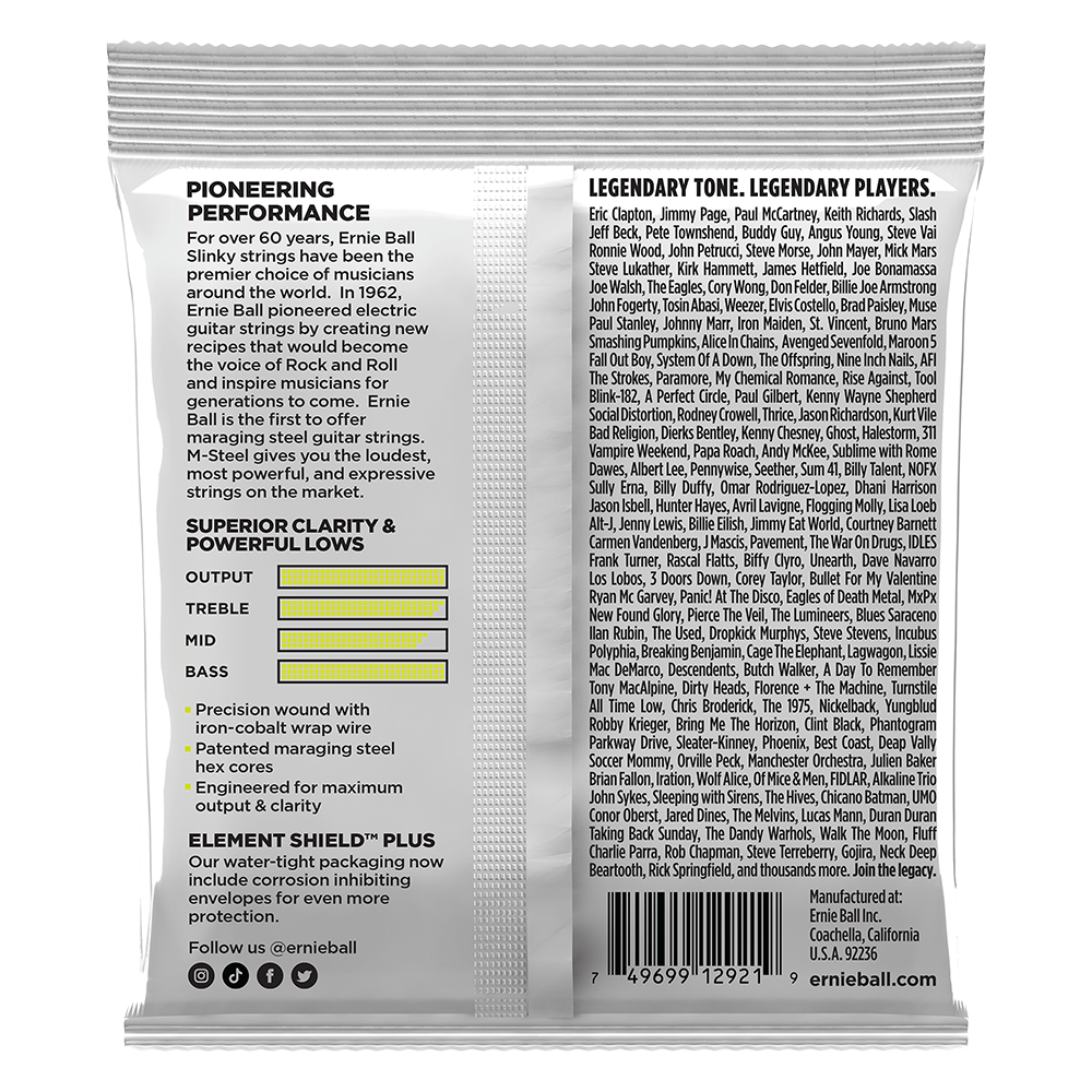 Ernie Ball guitar string packaging with product details and branding on a white background