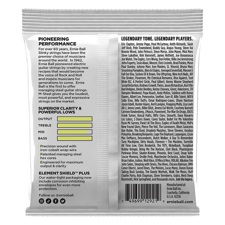 Ernie Ball guitar string packaging with product details and branding on a white background