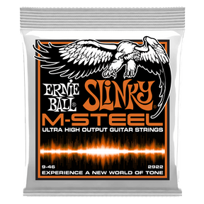 Ernie Ball Slinky M-Steel guitar strings packaging with an eagle illustration.