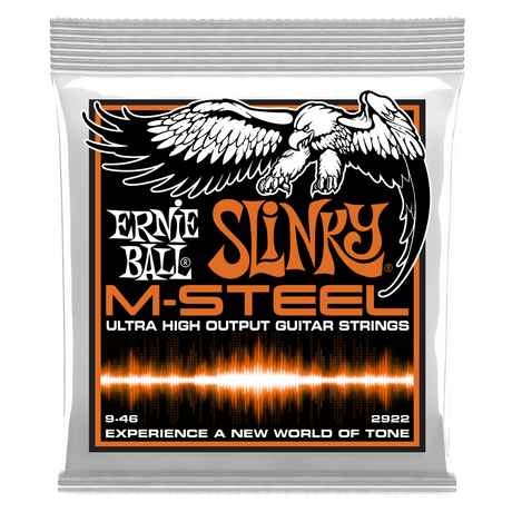 Ernie Ball Slinky M-Steel guitar strings packaging with an eagle illustration.