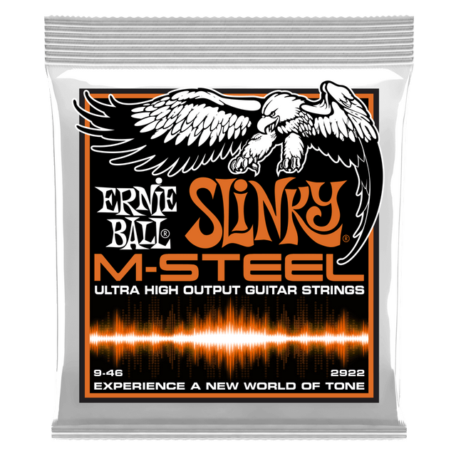 Ernie Ball Slinky M-Steel guitar strings packaging with an eagle illustration.
