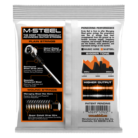M-Steel guitar strings packaging with technical details on a white background
