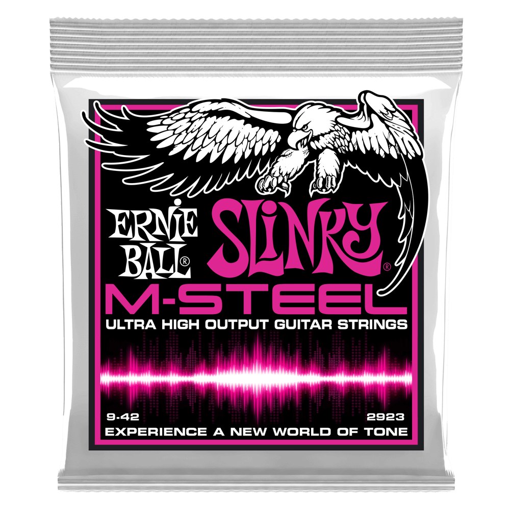 Ernie Ball Slinky M-Steel guitar strings packaging with an eagle illustration on a black background