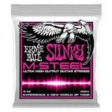 Ernie Ball Slinky M-Steel guitar strings packaging with an eagle illustration on a black background