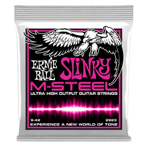 Ernie Ball Slinky M-Steel guitar strings packaging with an eagle illustration on a black background