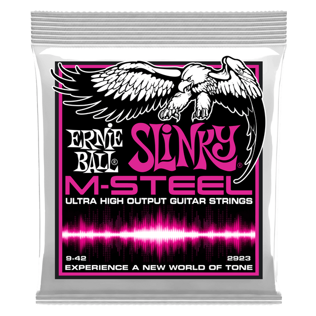 Ernie Ball Slinky M-Steel guitar strings packaging with an eagle illustration on a black background